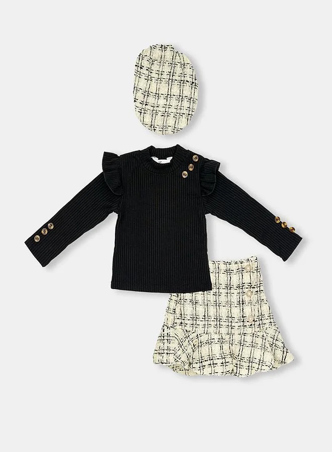 babyqlo Chic Black Top With Skirt And Beret Set