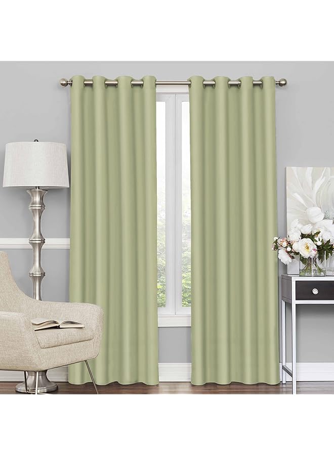 275 CM Premium Faux Silk Solid Pattern 100% Blackout Grommet Long Door Curtain, Light Green, Pack Of 2