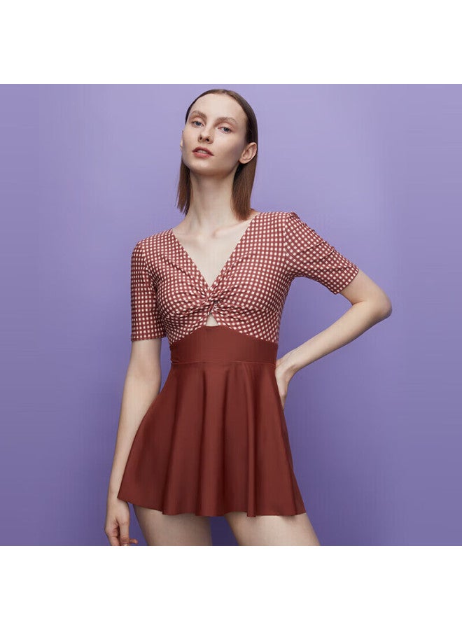 Yizi Women's One-piece Conservative Skirted Swimsuit, ملابس سباحة تنحيف, Ezi21w098, Brown Plaid, XL - Image 4