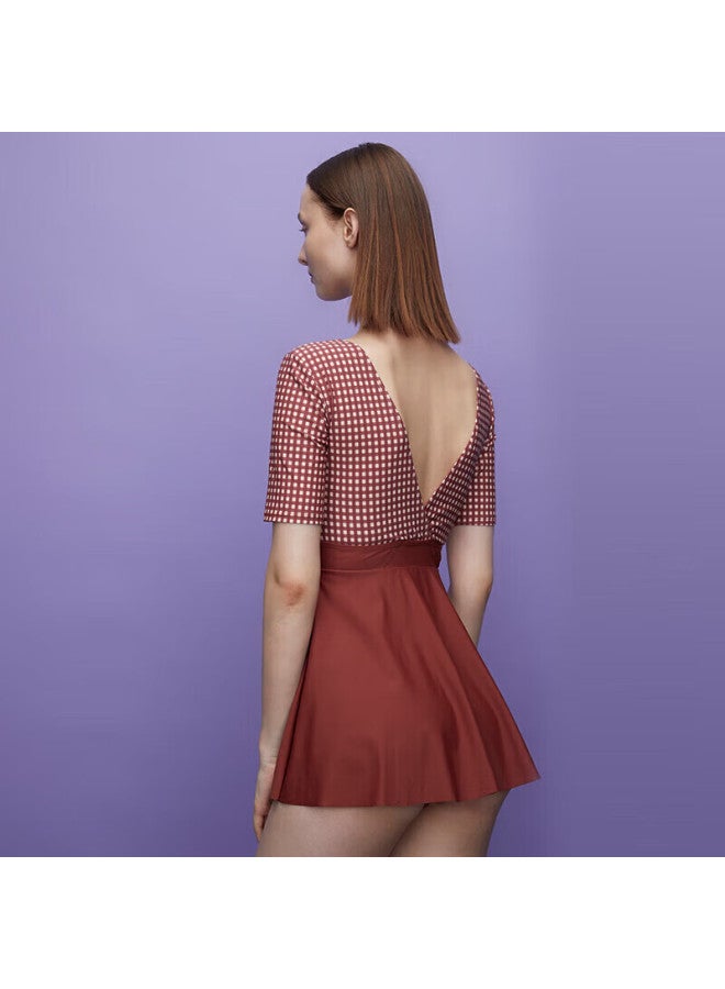 Yizi Women's One-piece Conservative Skirted Swimsuit, ملابس سباحة تنحيف, Ezi21w098, Brown Plaid, XL - Image 3