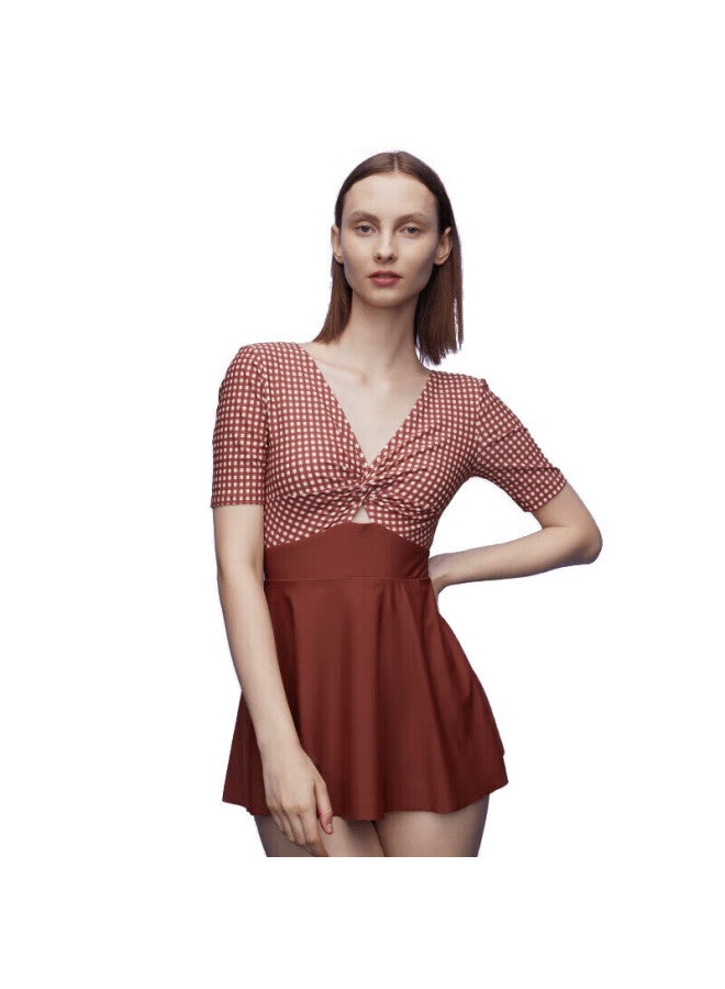 Yizi Women's One-piece Conservative Skirted Swimsuit, ملابس سباحة تنحيف, Ezi21w098, Brown Plaid, XL - Image 5