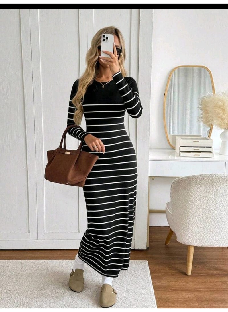 SHEIN Striped Round Neck Fitted Waist Bodycon Long Sleeve Dress - Image 1