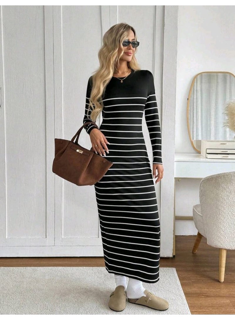 SHEIN Striped Round Neck Fitted Waist Bodycon Long Sleeve Dress - Image 4
