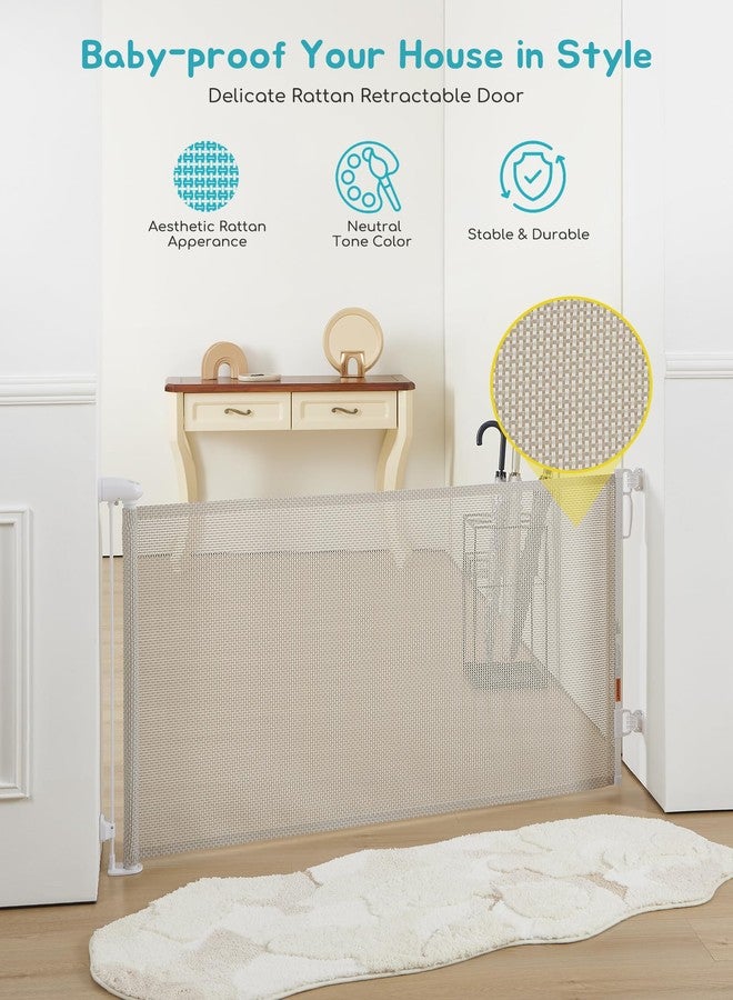 Attababy Retractable Baby Gate, Exquisite Rattan Mesh, 33" Tall, Expands to 55" Wide, Dog Gate for Stairs, Doorway, Hallway, Indoor/Outdoor Pet Fence, Walk-Through Design with No Bottom Bar, Beige - Image 2