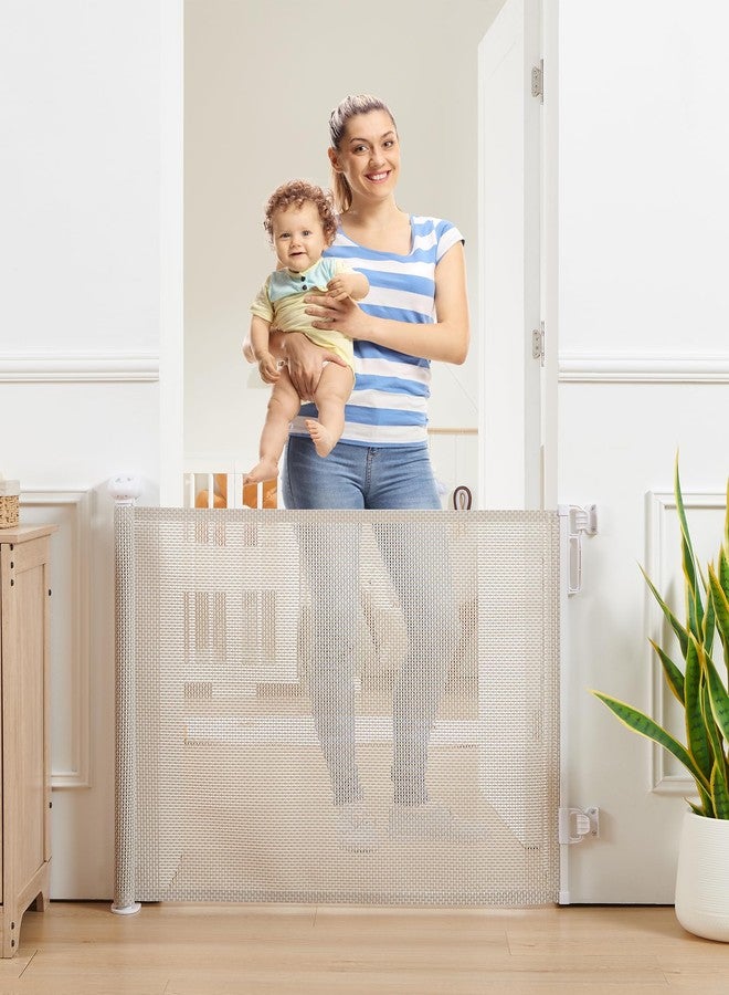 Attababy Retractable Baby Gate, Exquisite Rattan Mesh, 33" Tall, Expands to 55" Wide, Dog Gate for Stairs, Doorway, Hallway, Indoor/Outdoor Pet Fence, Walk-Through Design with No Bottom Bar, Beige - Image 1