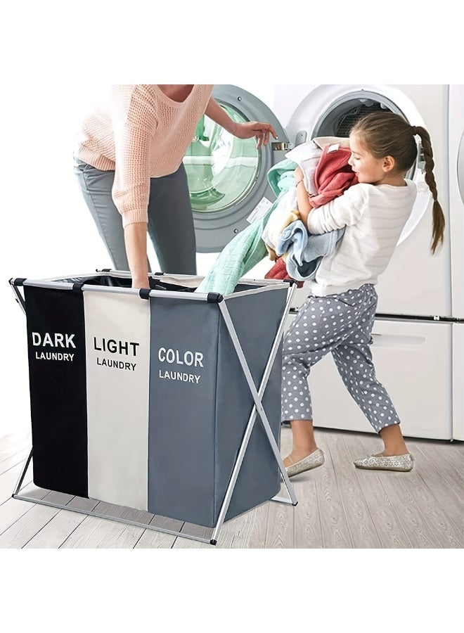 سلة غسيل قابلة للطي بثلاثة أقسام لفرز الملابس، سلة للملابس الداكنة والفاتحة والملونة - Image 3