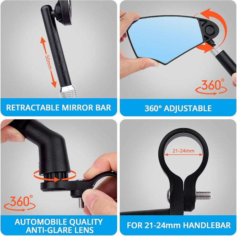 BOBILIFE Retractable Bike Handlebar Rear View Mirrors 2 Pack - 360 ° Adjustable Flat Rotation Anti-Glare Glass Lens Bicycle Rearview Mirror, For the Bicycle Ebike Scooter 21-24mm Handlebar - Image 4