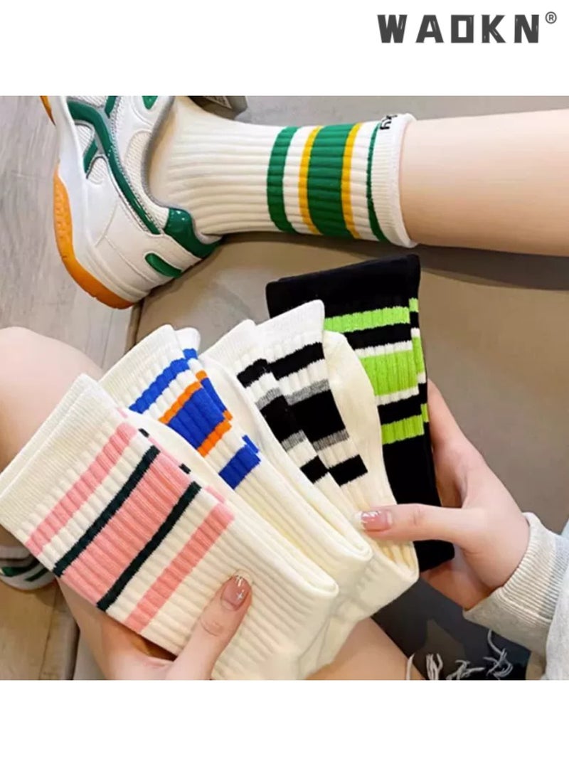 WAOKN 5 Pairs of Women's Striped Socks, Vintage Crew Socks, Women's Loose Athletic Calf Socks, Casual Cotton Stretchy Novelty Socks, Casual Socks- Perfect for Everyday Wear - Image 1