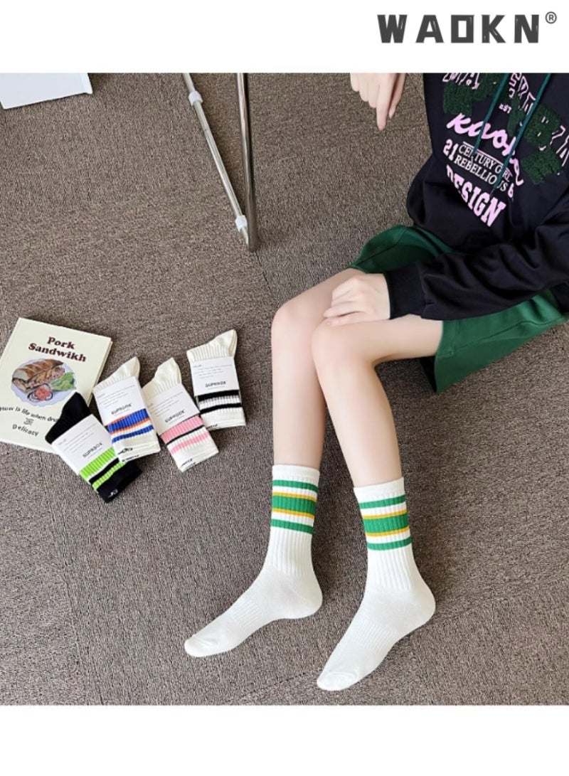 WAOKN 5 Pairs of Women's Striped Socks, Vintage Crew Socks, Women's Loose Athletic Calf Socks, Casual Cotton Stretchy Novelty Socks, Casual Socks- Perfect for Everyday Wear - Image 5