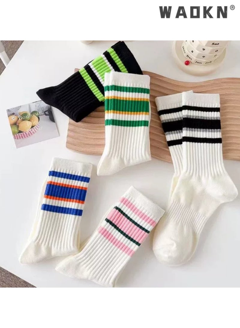 WAOKN 5 Pairs of Women's Striped Socks, Vintage Crew Socks, Women's Loose Athletic Calf Socks, Casual Cotton Stretchy Novelty Socks, Casual Socks- Perfect for Everyday Wear - Image 2