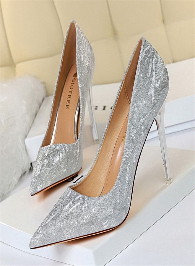 BIGTREE Shallow Pointed Sequin High Heels 10.5CM Silver