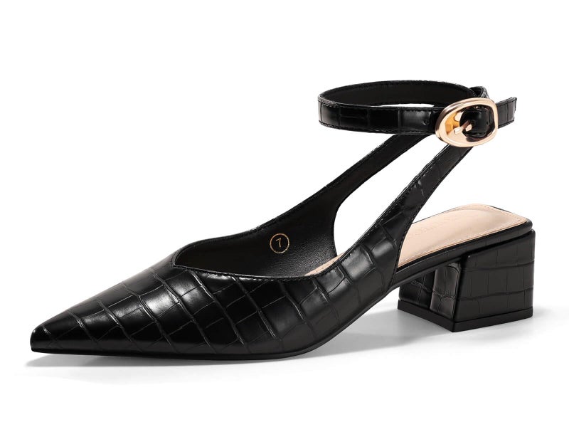 Coutgo Womens Closed Pointed Toe Heels Chunky Block Low Heel Ankle Strap Pumps Wedding Work Dress Shoes, Black Croc, Size 8 - Image 1