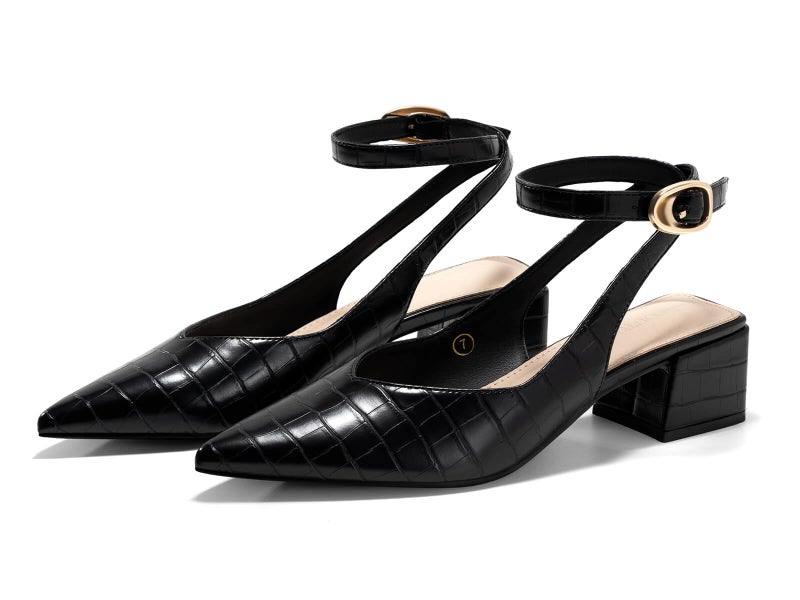 Coutgo Womens Closed Pointed Toe Heels Chunky Block Low Heel Ankle Strap Pumps Wedding Work Dress Shoes, Black Croc, Size 8 - Image 3