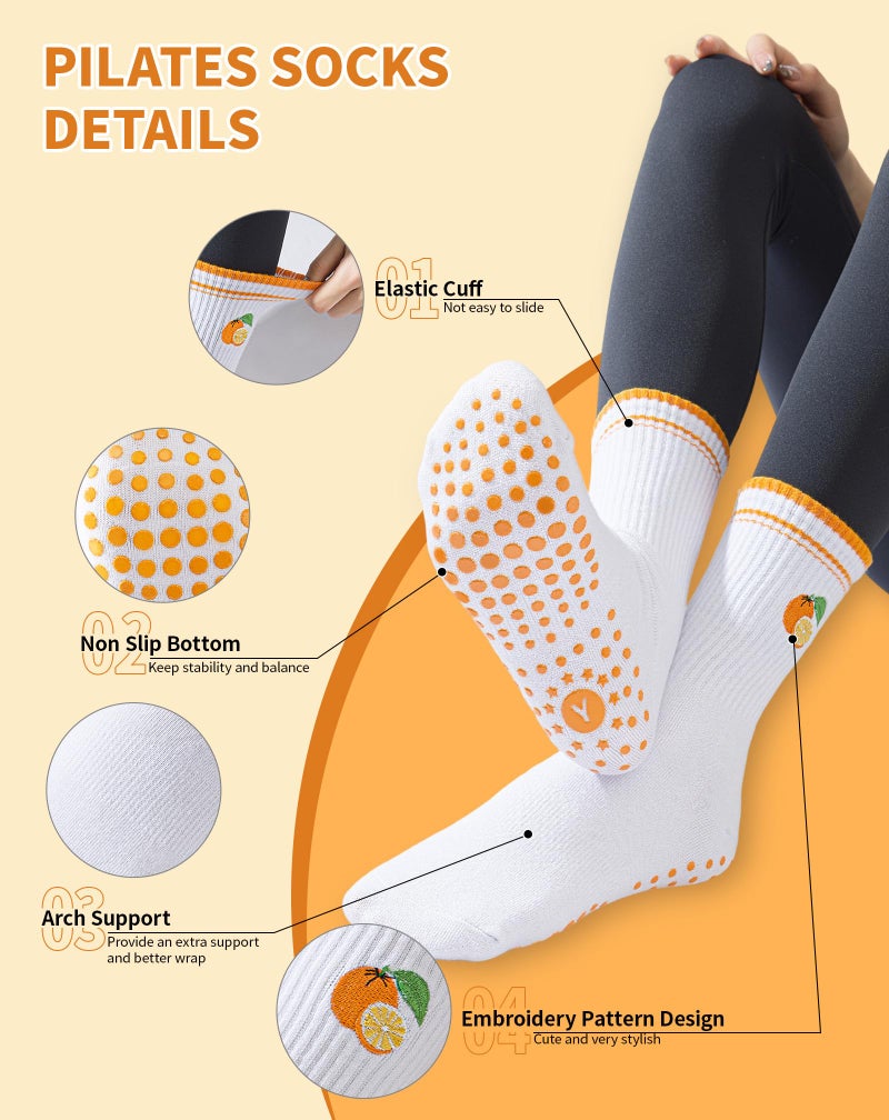 Yawlsow Pilates Grip Socks for Women Yoga Grippy Socks Cute Barre Non Skid Athletic Crew Sticky Sock Workout Hospital (US, Alpha, One Size, Regular, Regular, 1 Pack-Orange-1) - Image 3