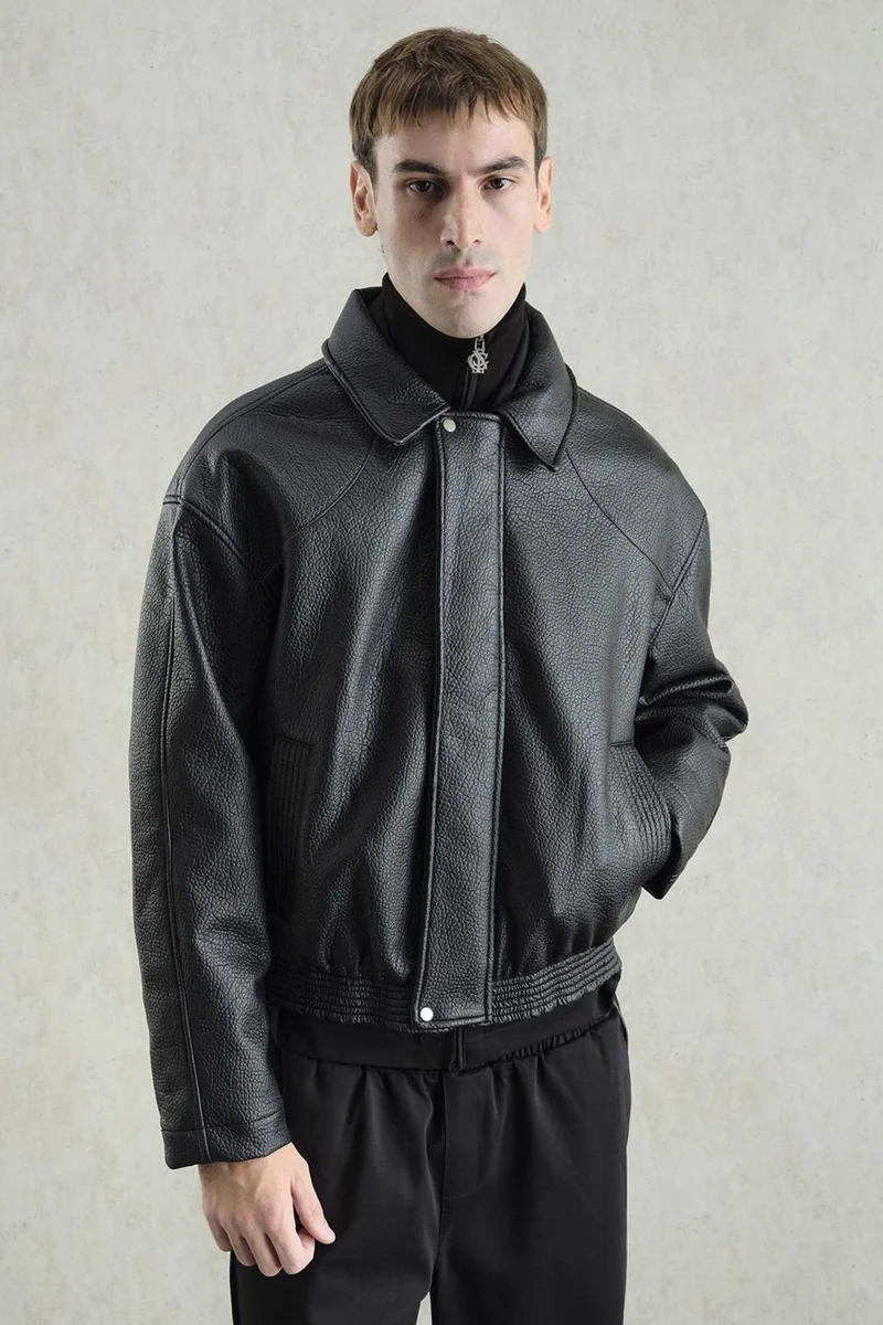 Giesto Black GIESTO Oversized Faux Leather Jacket with Zipper Closure for Men | Best Price UAE