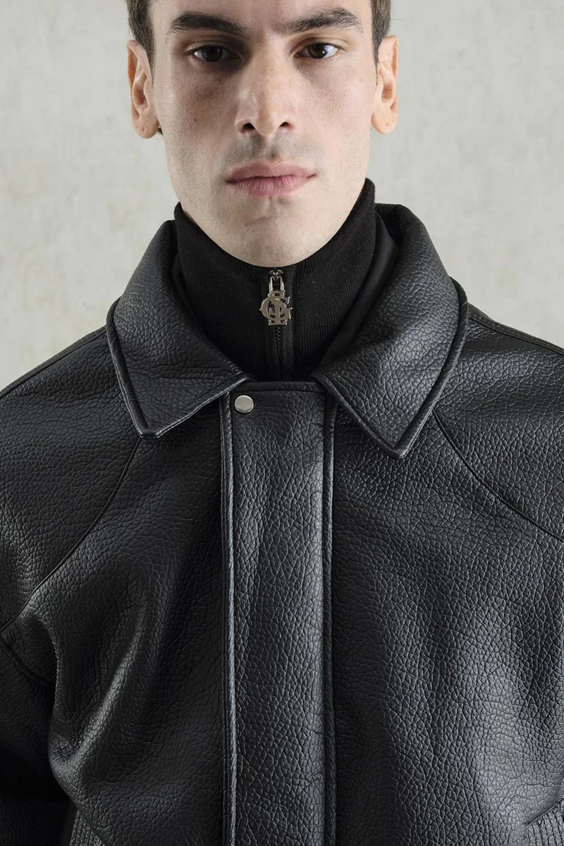 Giesto Black GIESTO Oversized Faux Leather Jacket with Zipper Closure for Men | Best Price UAE