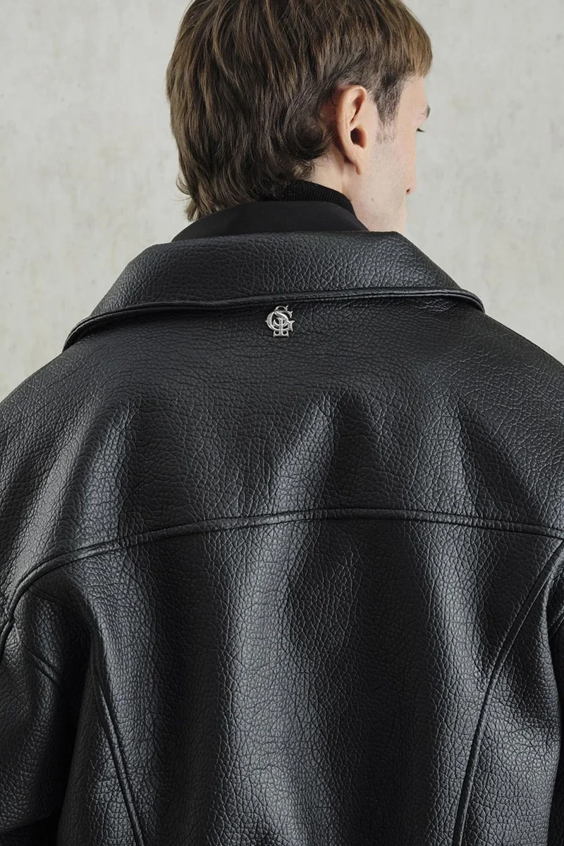 Giesto Black GIESTO Oversized Faux Leather Jacket with Zipper Closure for Men | Best Price UAE