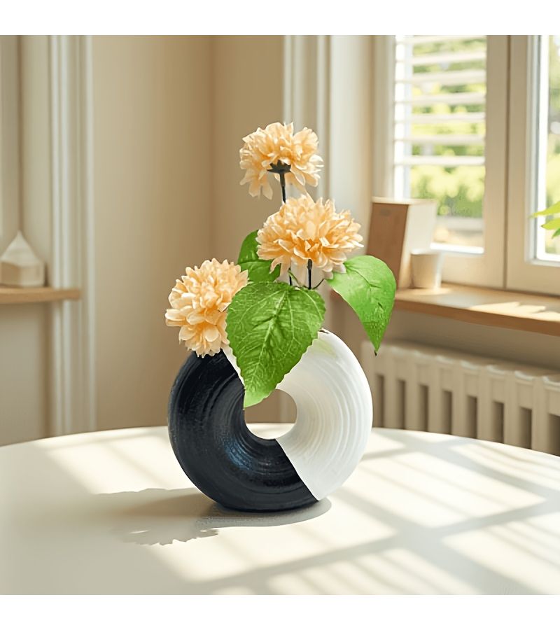 Modern Black And White Resin Vase With Hollow Abstract Ring Drop Resistant For Dried Flower Arrangement Nordic Tabletop Centerpiece - Image 3