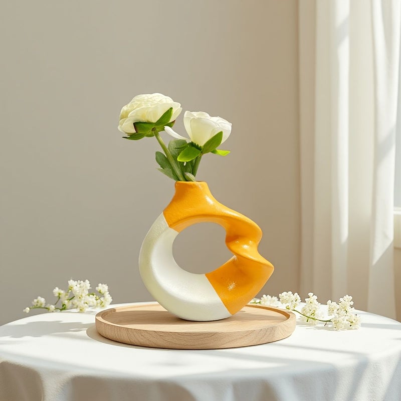 Modern Black And White Resin Vase With Hollow Abstract Ring Drop Resistant For Dried Flower Arrangement Nordic Tabletop Centerpiece - Image 2