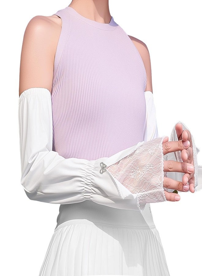RainFlowwer White Sun Protection Arm Sleeves with Lace Patchwork Cuffs, Elastic Arm Sleeves Long Women for Sports Outdoor with Rhinestone Bow Decoration, White, Standard - Image 1