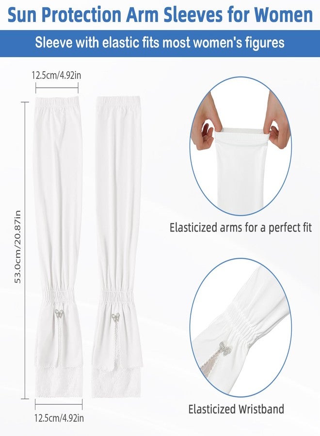 RainFlowwer White Sun Protection Arm Sleeves with Lace Patchwork Cuffs, Elastic Arm Sleeves Long Women for Sports Outdoor with Rhinestone Bow Decoration, White, Standard - Image 2