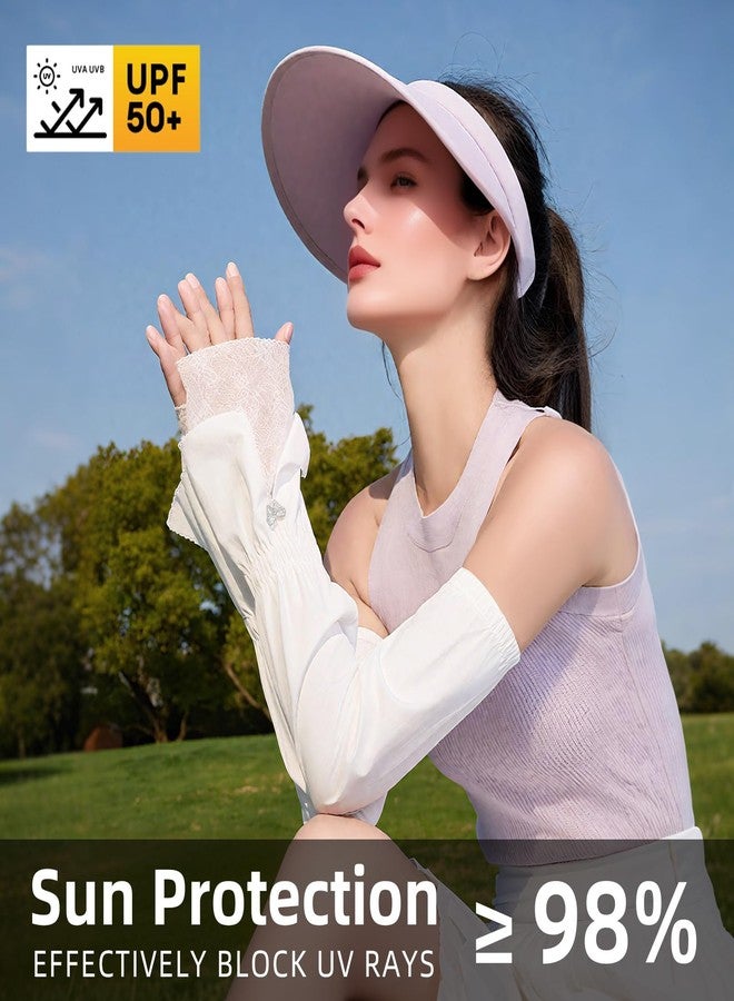 RainFlowwer White Sun Protection Arm Sleeves with Lace Patchwork Cuffs, Elastic Arm Sleeves Long Women for Sports Outdoor with Rhinestone Bow Decoration, White, Standard - Image 5