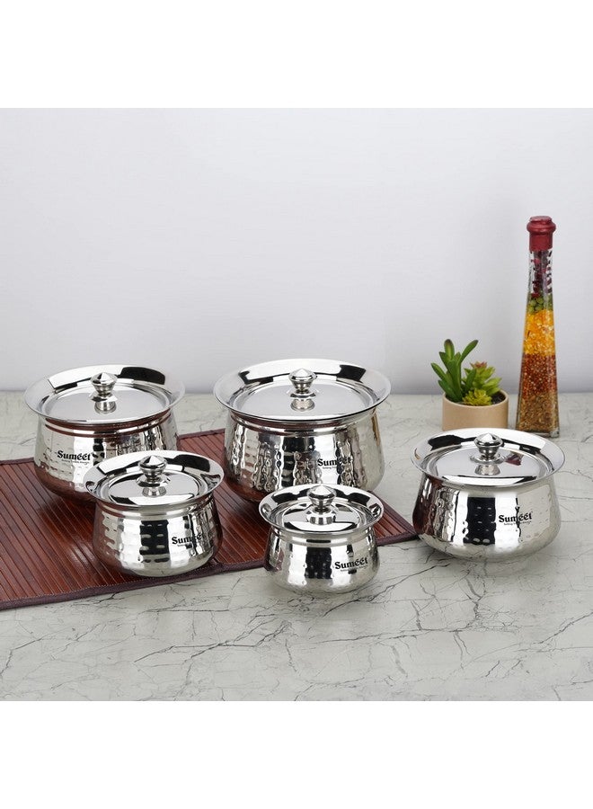 Sumeet Stainless Steel Handcrafted Hammered Texture Handi Set with Lid for Kitchen, Set of 5, 460ml, 650ml, 950ml, 1300ml & 1700ml, Silver - Image 5