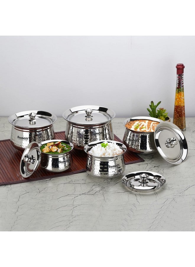 Sumeet Stainless Steel Handcrafted Hammered Texture Handi Set with Lid for Kitchen, Set of 5, 460ml, 650ml, 950ml, 1300ml & 1700ml, Silver - Image 2
