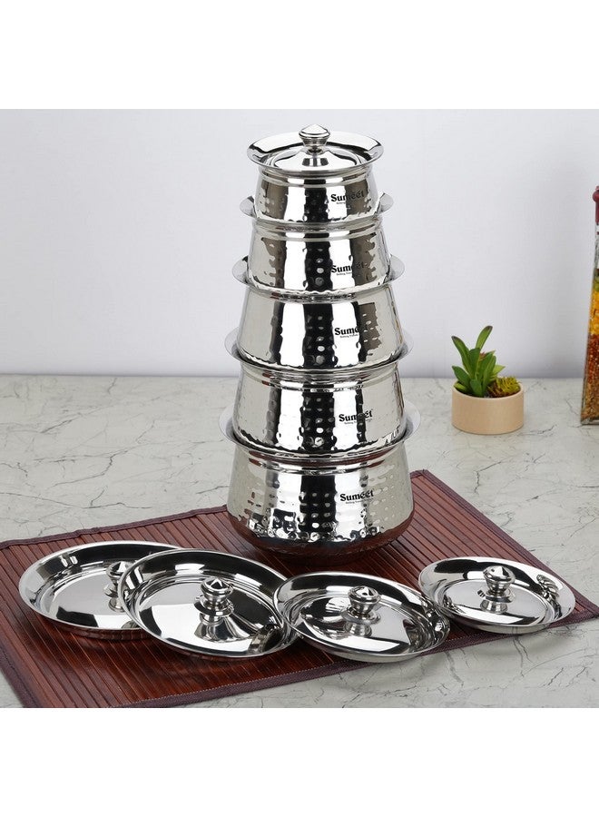 Sumeet Stainless Steel Handcrafted Hammered Texture Handi Set with Lid for Kitchen, Set of 5, 460ml, 650ml, 950ml, 1300ml & 1700ml, Silver - Image 3