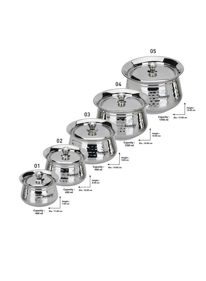 Sumeet Stainless Steel Handcrafted Hammered Texture Handi Set with Lid for Kitchen, Set of 5, 460ml, 650ml, 950ml, 1300ml & 1700ml, Silver - Image 4