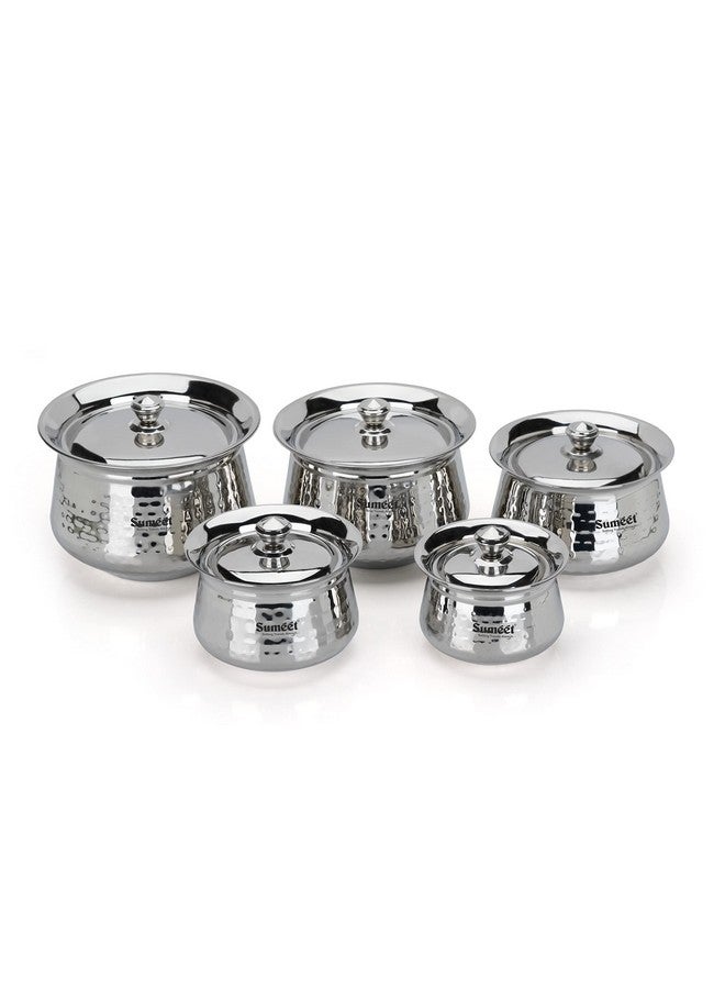 Sumeet Stainless Steel Handcrafted Hammered Texture Handi Set with Lid for Kitchen, Set of 5, 460ml, 650ml, 950ml, 1300ml & 1700ml, Silver - Image 1