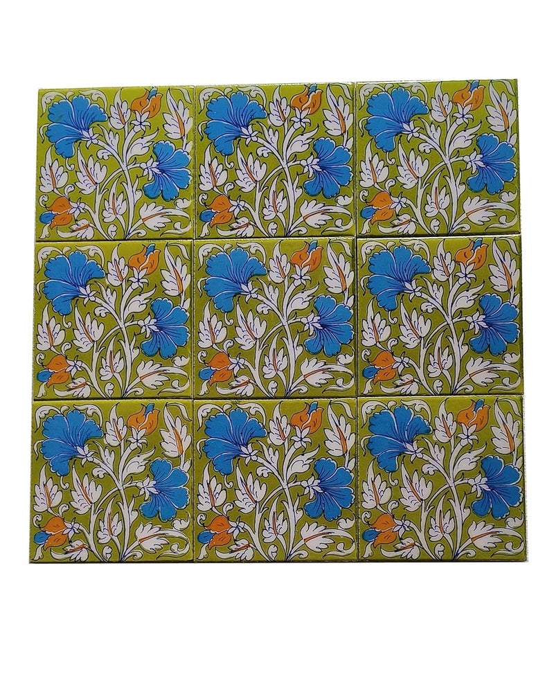 Shiv Kripa Blue Pottery Shiv Kripa Blue Pottery Luxury Floral Decorative Crafted Tabletop Flooring Wall Interior Exterior Traditional 4 x 4 inch Tiles Pack of 6 Tiles Pink 