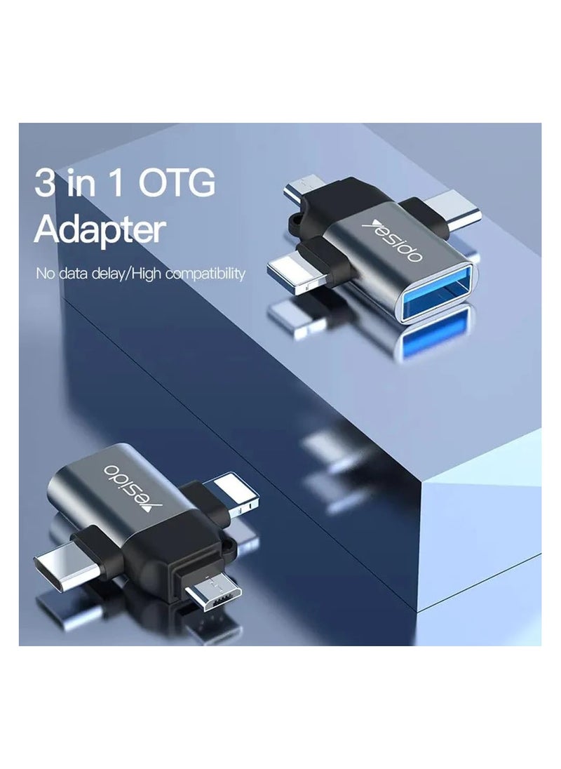 Yesido - USB C OTG Adapter, 3 in 1 Micro USB/IP/USB-C to USB2.0 Female Converter, Adapter for Media Sticks, Android Phones, Apple Phones, Tablets High-Speed ​​Data Transfer, Compatible with alll smart phones - Image 1
