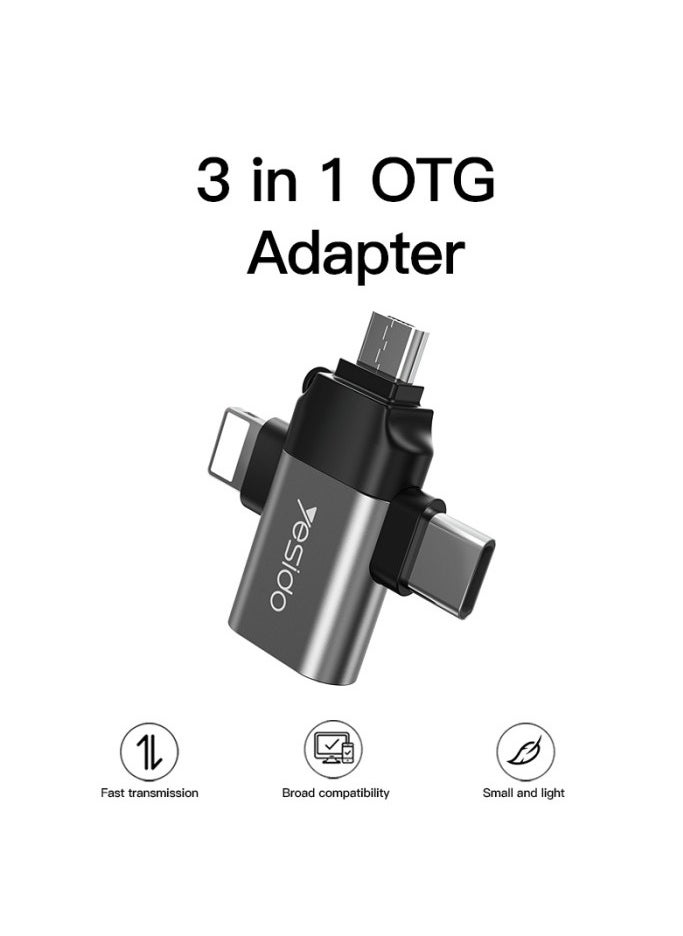 Yesido - USB C OTG Adapter, 3 in 1 Micro USB/IP/USB-C to USB2.0 Female Converter, Adapter for Media Sticks, Android Phones, Apple Phones, Tablets High-Speed ​​Data Transfer, Compatible with alll smart phones - Image 1