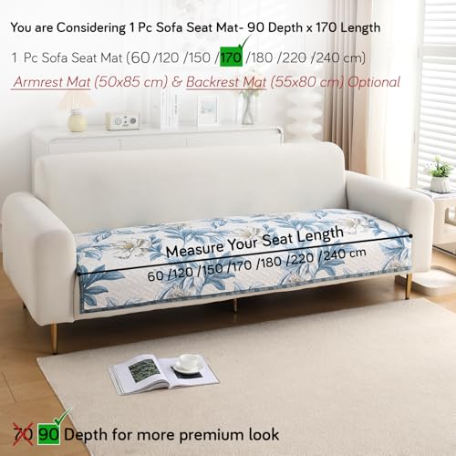 HOKIPO 'HomeHues Series' Printed Quilted Sofa Cover Mats for L Shape and 1/2/3 Seater Sofa. Make Your Own Sofa Cover Set, Mat Length 90(D) x 170(L) cm, Celadon Blue Camellia (IN-809-D8) - Image 4