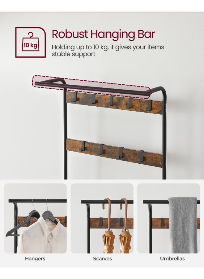 VASAGLE Coat Rack, Coat Stand with Shoe Storage Bench, 4-in-1 Design, with 9 Removable Hooks, a Clothes Rail, for Hallway, Entrance, 33.7 x 84 x 183 cm, Industrial, Rustic Brown and Black - Image 4