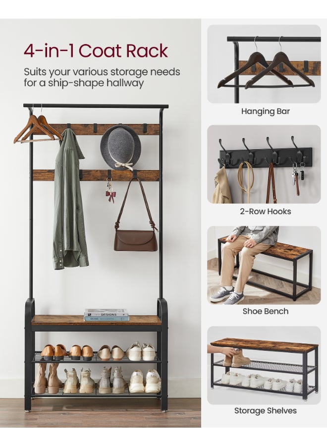 VASAGLE Coat Rack, Coat Stand with Shoe Storage Bench, 4-in-1 Design, with 9 Removable Hooks, a Clothes Rail, for Hallway, Entrance, 33.7 x 84 x 183 cm, Industrial, Rustic Brown and Black - Image 3