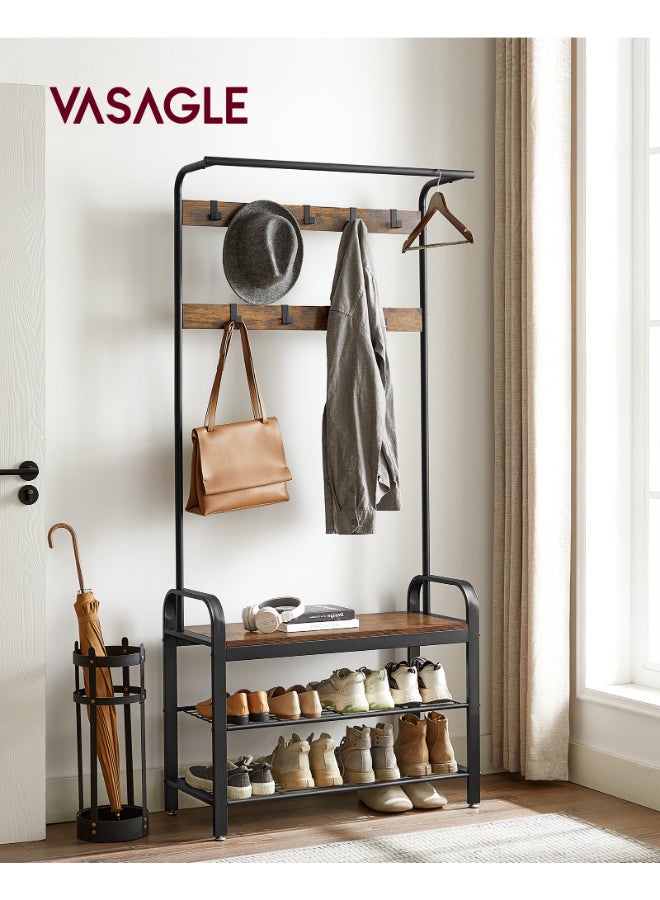 VASAGLE Coat Rack, Coat Stand with Shoe Storage Bench, 4-in-1 Design, with 9 Removable Hooks, a Clothes Rail, for Hallway, Entrance, 33.7 x 84 x 183 cm, Industrial, Rustic Brown and Black - Image 2