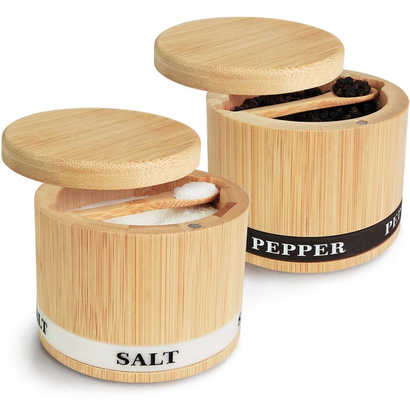 ThougrLyh Salt Box 2Pcs Spice Cellar with Swivel Lid and Spoons Small Bamboo Pepper and Salt Containers with Salt Pepper Labels,Dual 8 oz Capacity Holder for Seasoning and Small Items - Image 1