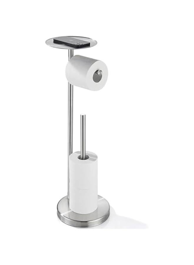 HOOKOR Toilet Paper Holder Stand for Bathroom Floor Standing Toilet Roll Dispenser Storages 4 Reserve Rolls, with Top Storage Shelf for Cell Phones, Wipe, Wallet and More (Silver) - Image 1