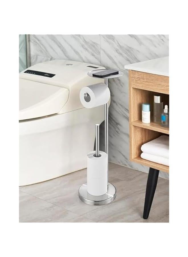 HOOKOR Toilet Paper Holder Stand for Bathroom Floor Standing Toilet Roll Dispenser Storages 4 Reserve Rolls, with Top Storage Shelf for Cell Phones, Wipe, Wallet and More (Silver) - Image 2