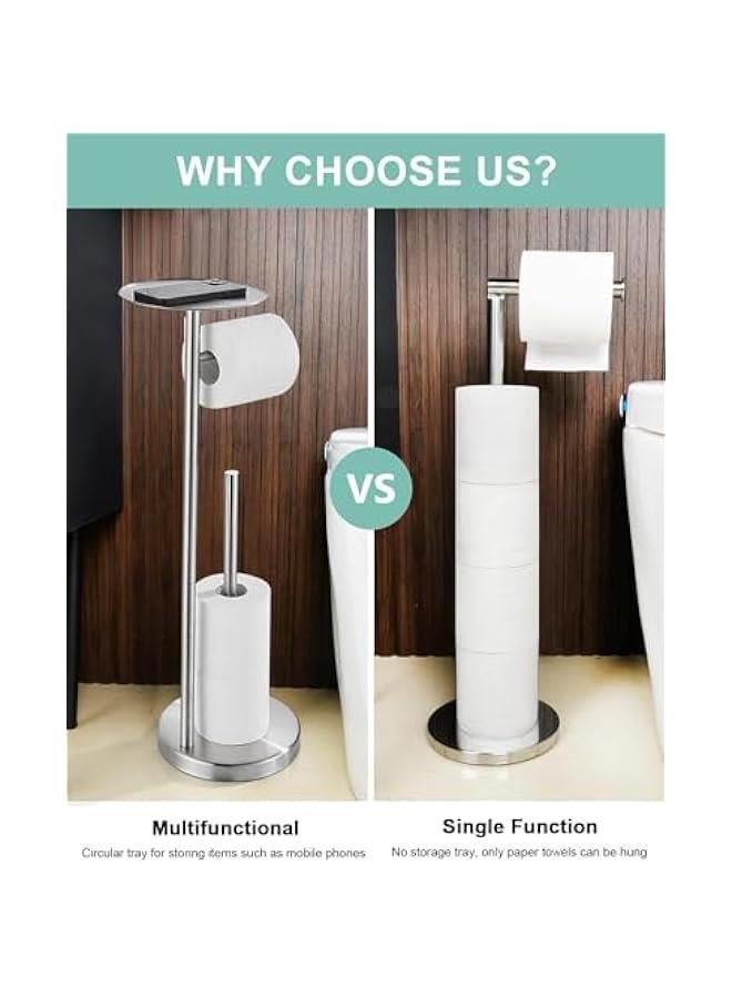 HOOKOR Toilet Paper Holder Stand for Bathroom Floor Standing Toilet Roll Dispenser Storages 4 Reserve Rolls, with Top Storage Shelf for Cell Phones, Wipe, Wallet and More (Silver) - Image 3