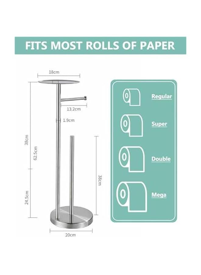 HOOKOR Toilet Paper Holder Stand for Bathroom Floor Standing Toilet Roll Dispenser Storages 4 Reserve Rolls, with Top Storage Shelf for Cell Phones, Wipe, Wallet and More (Silver) - Image 5