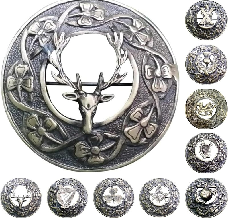 AAR Men,s Scottish Irish Shamrock Kilt Brooch Fly Plaid Antique/Chrome Finish 3" (7cm) diameter S - Image 1