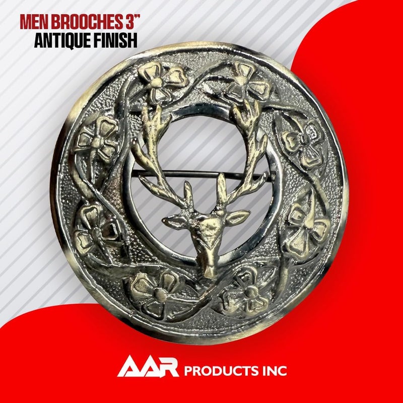 AAR Men,s Scottish Irish Shamrock Kilt Brooch Fly Plaid Antique/Chrome Finish 3" (7cm) diameter S - Image 2