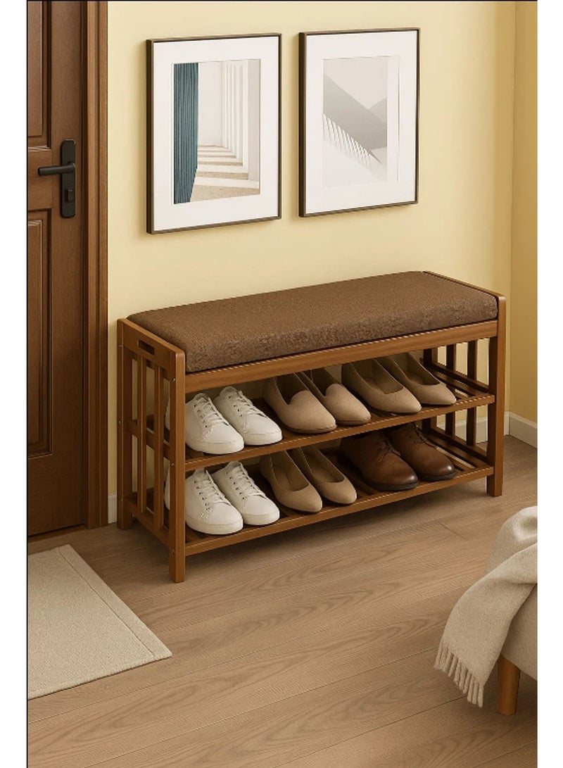 LINGWEI Bamboo Shoe Rack With Bench Shoe Cabinet with Seat Brown 80x45x27cm - Image 5