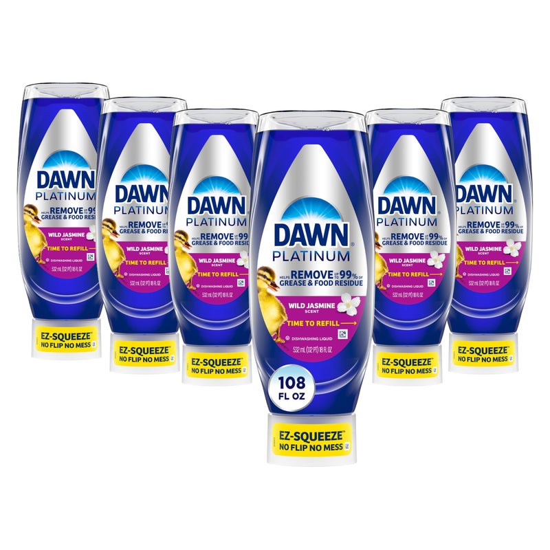 Dawn Platinum EZSqueeze Dish Soap Liquid Dishwashing Liquid Grease Removal Upside Down Bottle Wild Jasmine 6x18 Fl Oz Bundle