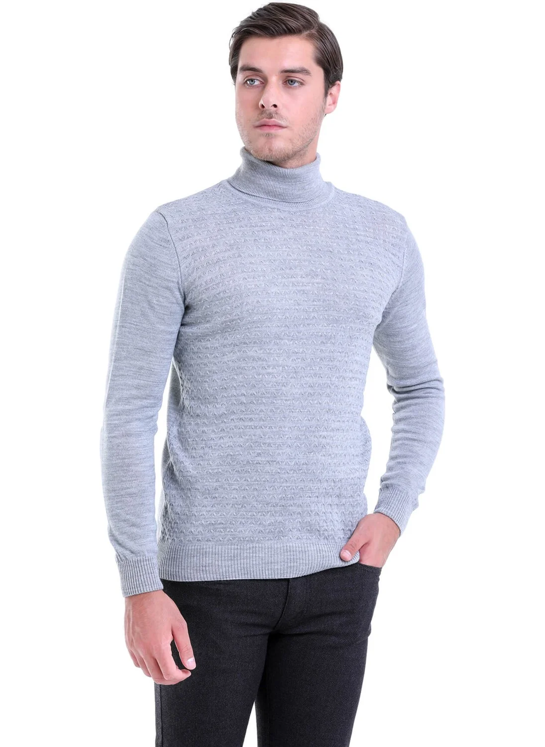 هاتيموغلو Men's Gray Patterned Full Turtleneck Regular Fit Knitwear Sweater