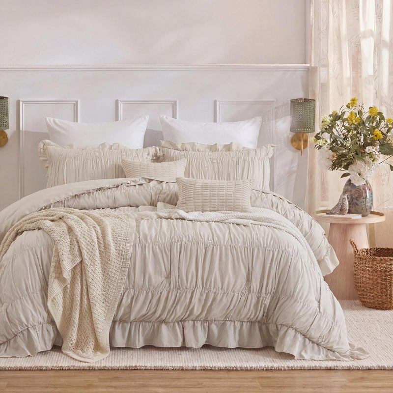 Herside Beige Ruffle Duvet Cover Set King Size,Ruched Boho Bedding 3 Pieces Shabby Chic Luxury Wrinkle Ruffle Comforter Cover Set,Breathable and Soft Microfiber Quilt Cover Set for All Seasons - Image 1