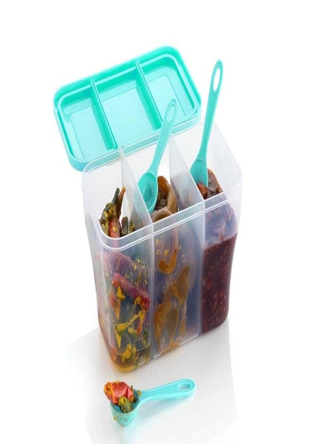 MAGIC SPOON 3 Section Pickle Container, Spice Box, Masala Container, Multipurpose Jar With Stand (Aqua Green, 1100 ml) - Image 1